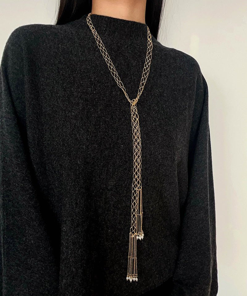 Lace Veil Metallic Long Necklace – Silver With Pearls - floysun