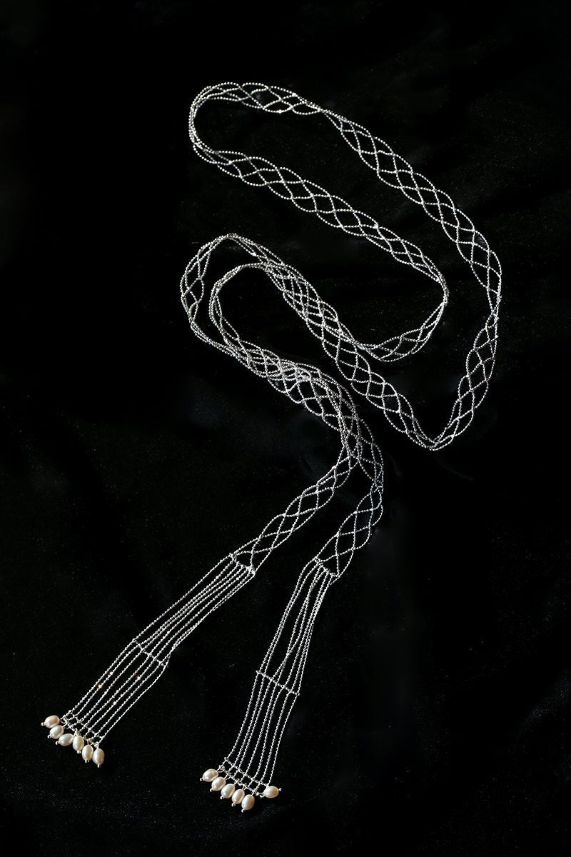 Lace Veil Metallic Long Necklace – Silver With Pearls - floysun