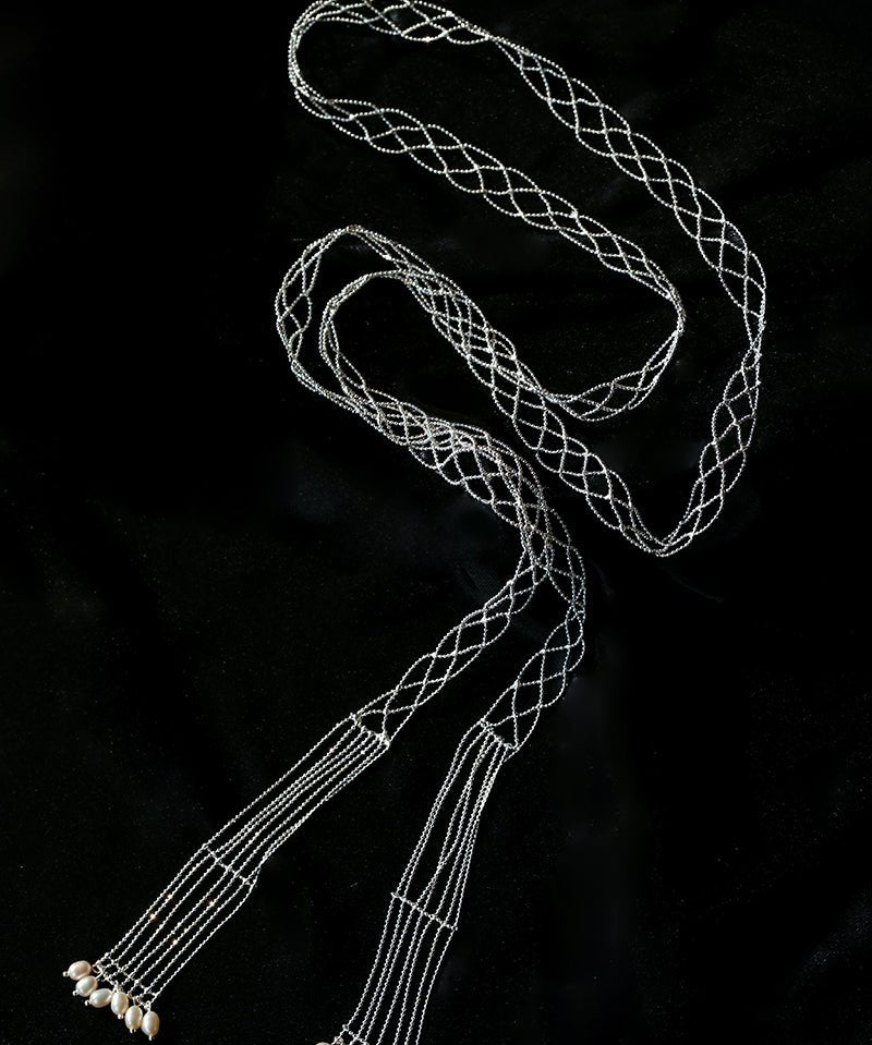 Lace Veil Metallic Long Necklace – Silver With Pearls - floysun