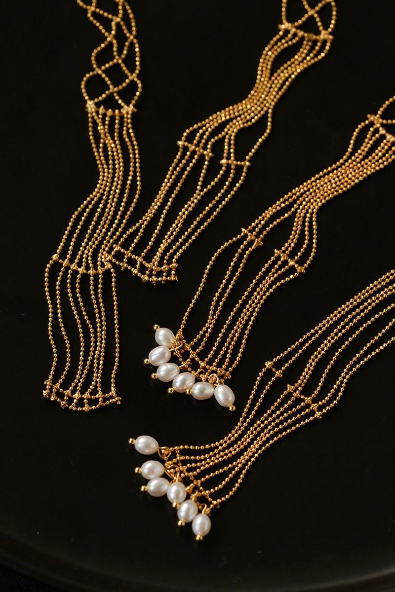 Lace Veil Metallic Long Necklace – Silver With Pearls - floysun