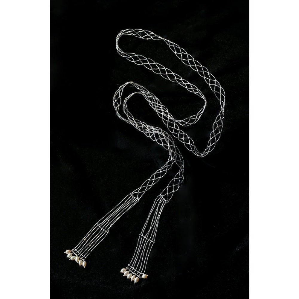 Lace Veil Metallic Long Necklace – Silver With Pearls - floysun