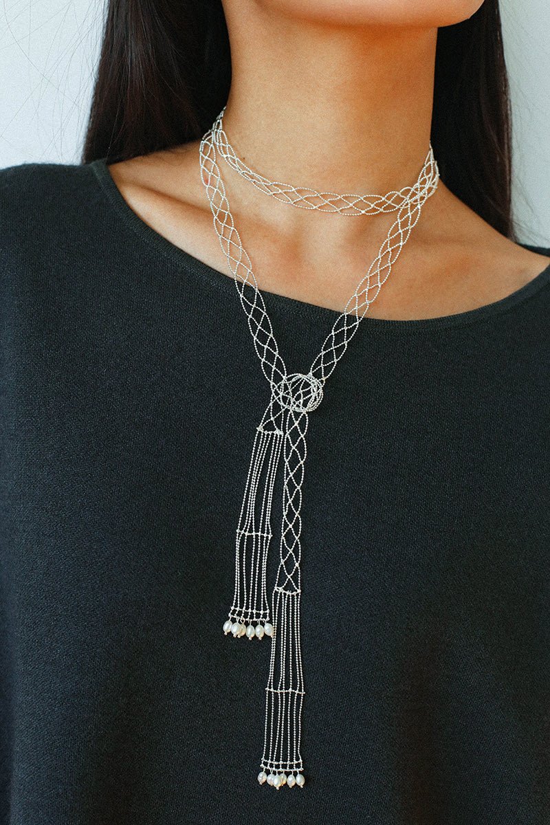 Lace Veil Metallic Long Necklace – Silver With Pearls - floysun