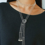 Lace Veil Metallic Long Necklace – Silver With Pearls - floysun