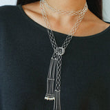 Lace Veil Metallic Long Necklace – Silver With Pearls - floysun