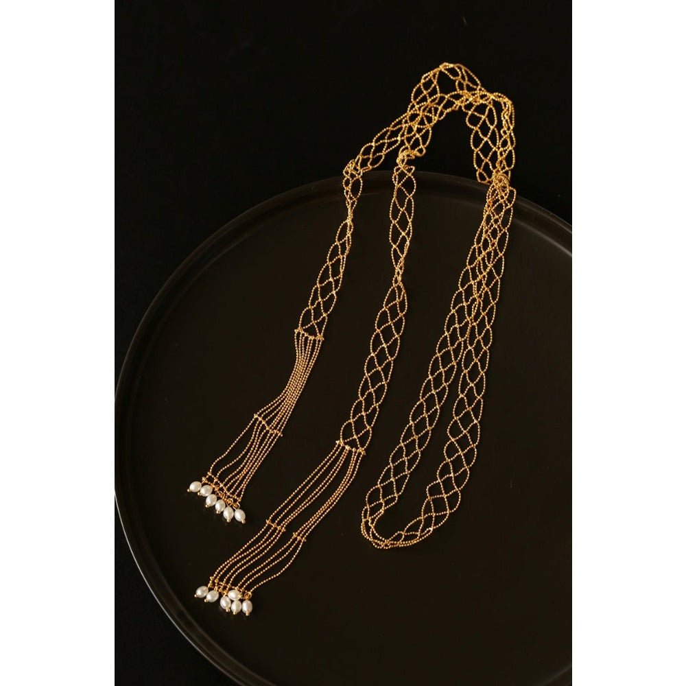 Lace Veil Metallic Long Necklace – Silver With Pearls - floysun