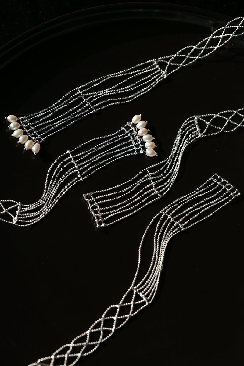 Lace Veil Metallic Long Necklace – Silver With Pearls - floysun