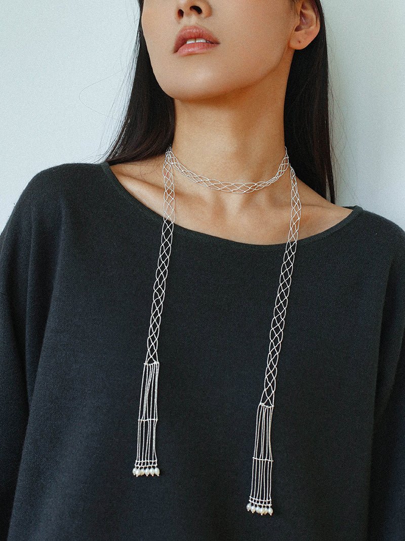 Lace Veil Metallic Long Necklace – Silver With Pearls - floysun