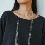 Lace Veil Metallic Long Necklace – Silver With Pearls - floysun