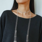 Lace Veil Metallic Long Necklace – Silver With Pearls - floysun