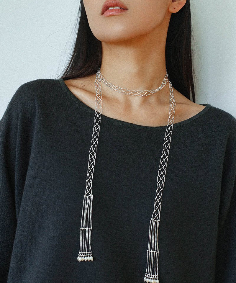 Lace Veil Metallic Long Necklace – Silver With Pearls - floysun