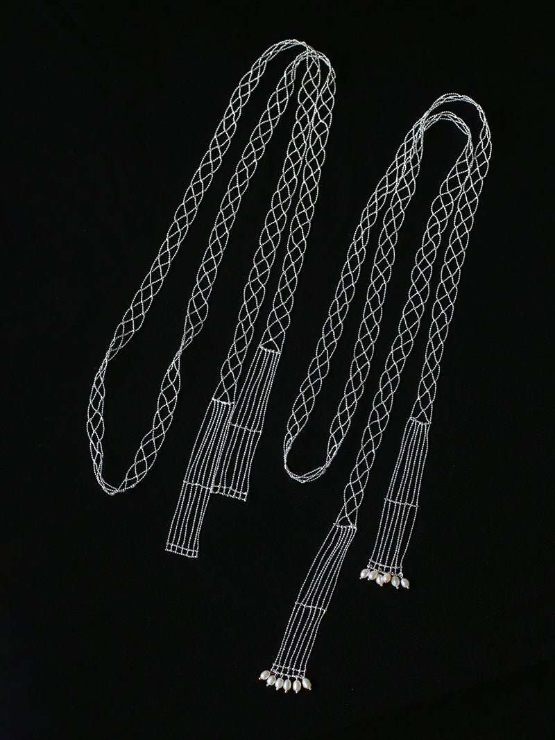 Lace Veil Metallic Long Necklace – Silver With Pearls - floysun