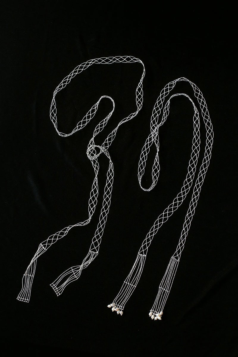 Lace Veil Metallic Long Necklace – Silver With Pearls - floysun