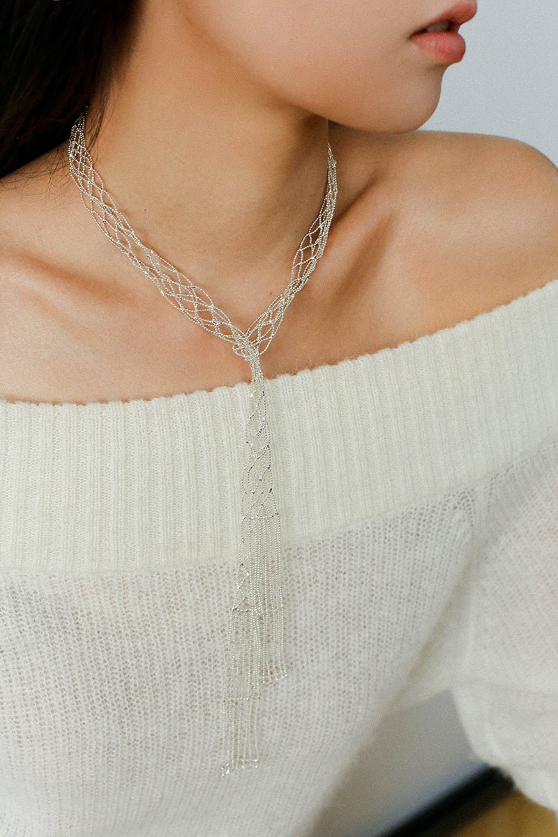 Lace Veil Metallic Long Necklace – Silver - floysun