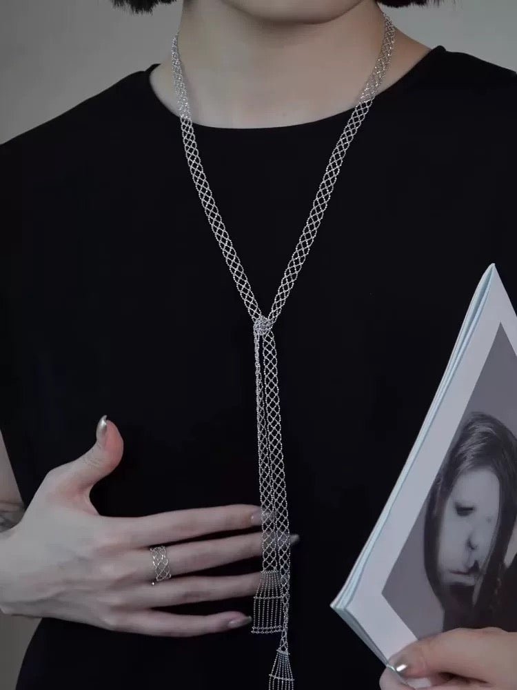 Lace Veil Metallic Long Necklace – Silver - floysun