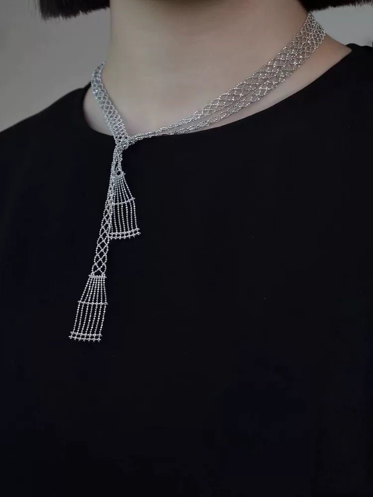 Lace Veil Metallic Long Necklace – Silver - floysun