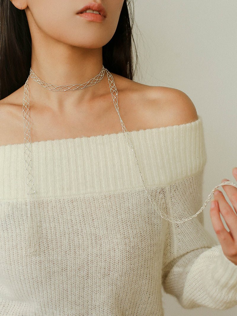 Lace Veil Metallic Long Necklace – Silver - floysun