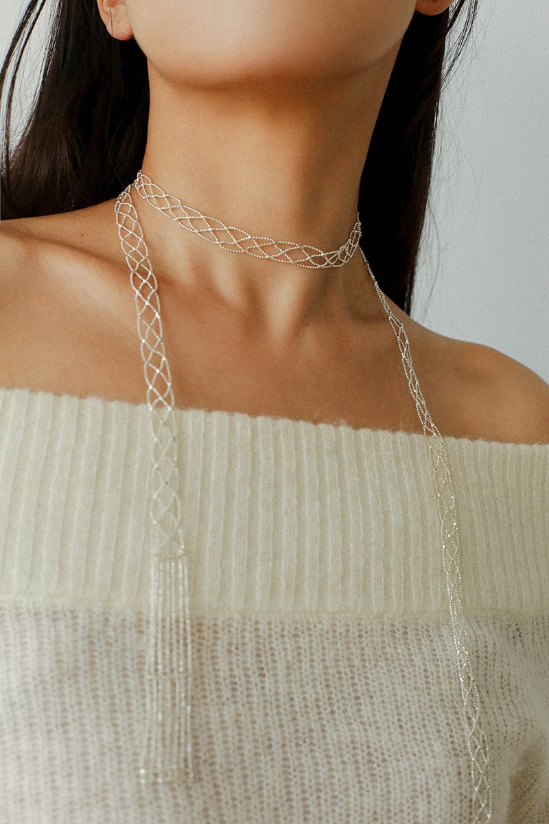 Lace Veil Metallic Long Necklace – Silver - floysun