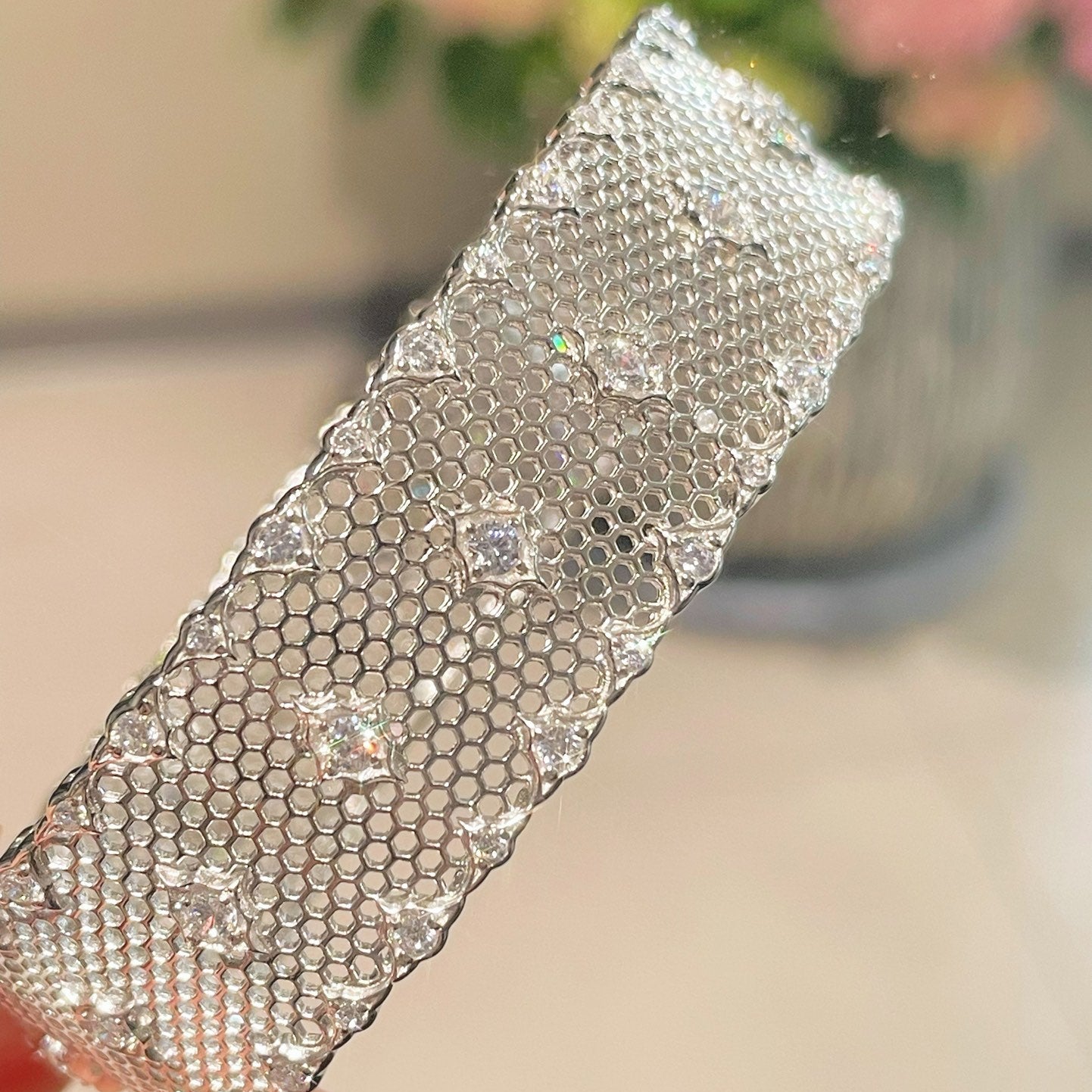 LaceCraft Openwork Pavé Cuff – White Gold Vermeil - floysun