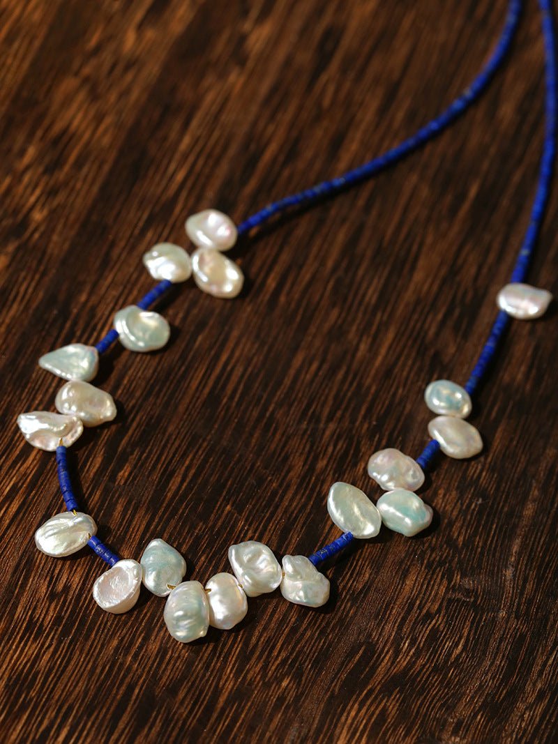 Lapis Lazuli & Petal Baroque Pearl Necklace - floysun