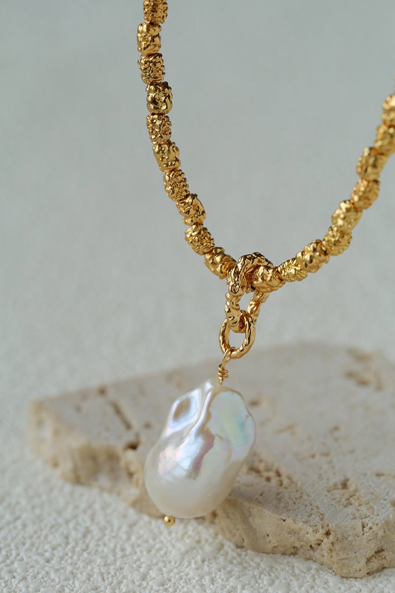Large Baroque Pearl Pendant Lava Texture Gold Necklace - floysun