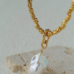 Large Baroque Pearl Pendant Lava Texture Gold Necklace - floysun