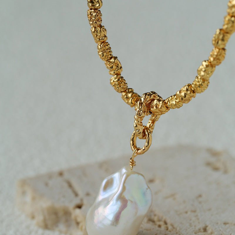 Large Baroque Pearl Pendant Lava Texture Gold Necklace - floysun