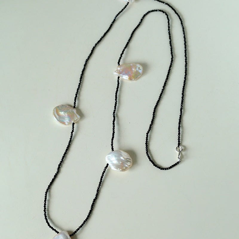 Large Petal Baroque Pearl Black Spinel Necklace - Five Pearls - floysun