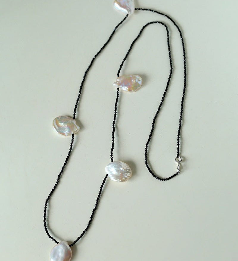 Large Petal Baroque Pearl Black Spinel Necklace - Five Pearls - floysun