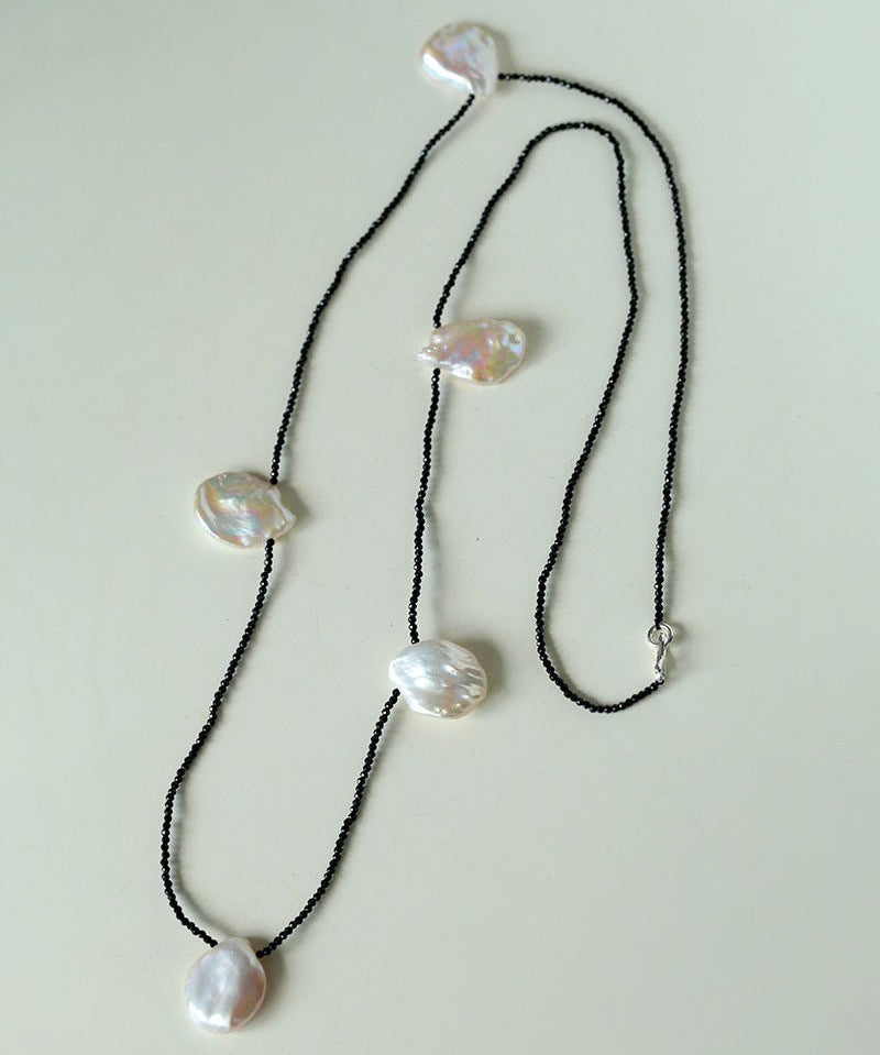 Large Petal Baroque Pearl Black Spinel Necklace - Five Pearls - floysun