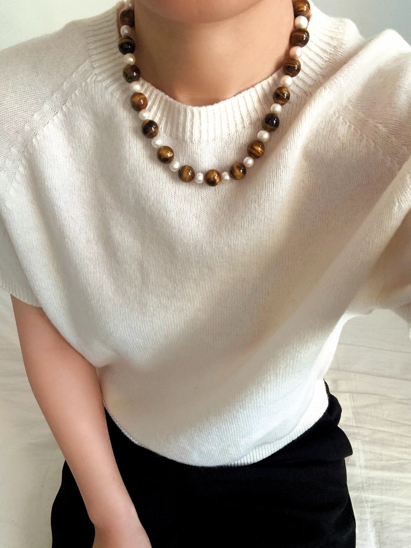 Large Tiger Eye & Freshwater Pearl Necklace - floysun