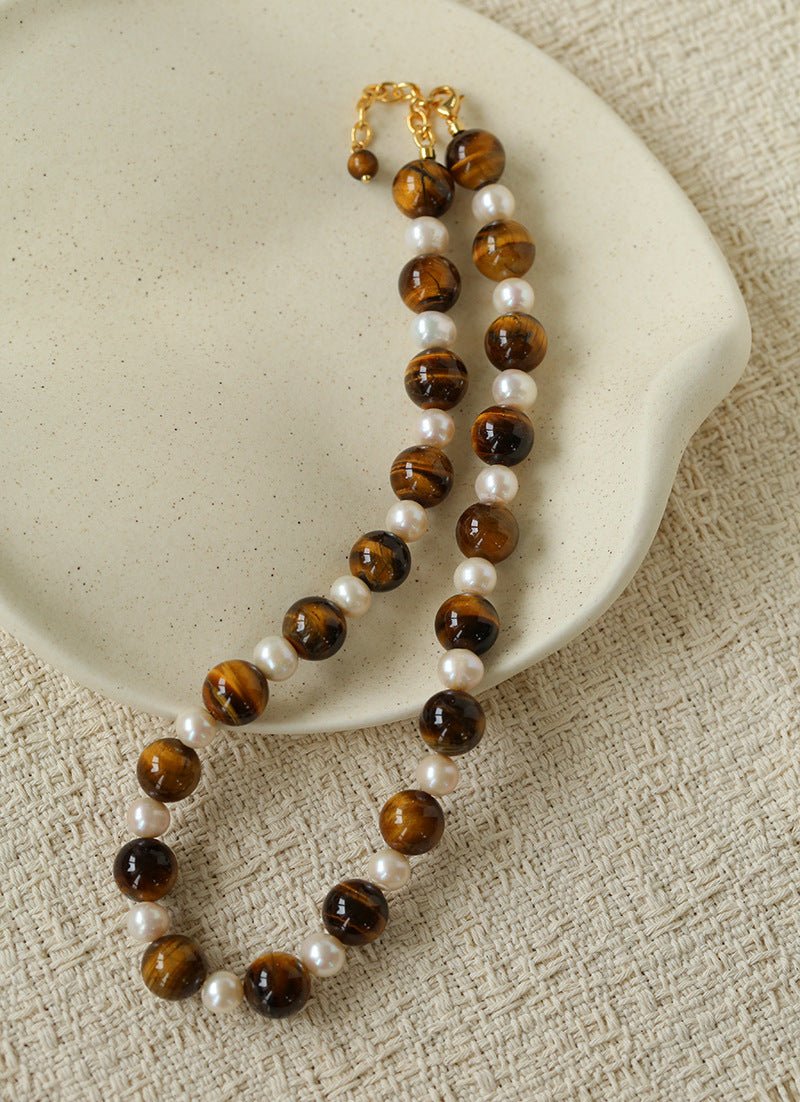Large Tiger Eye & Freshwater Pearl Necklace - floysun