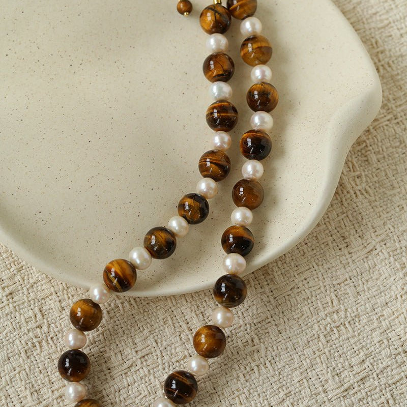 Large Tiger Eye & Freshwater Pearl Necklace - floysun