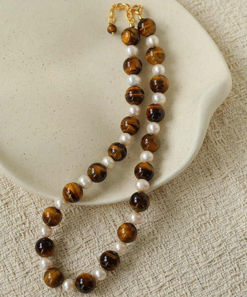 Large Tiger Eye & Freshwater Pearl Necklace - floysun