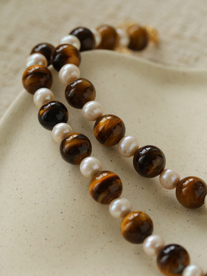 Large Tiger Eye & Freshwater Pearl Necklace - floysun