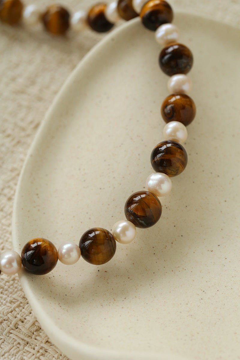 Large Tiger Eye & Freshwater Pearl Necklace - floysun