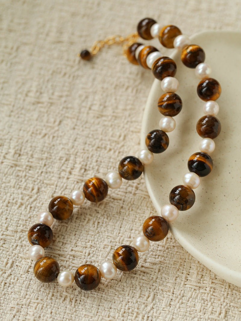 Large Tiger Eye & Freshwater Pearl Necklace - floysun