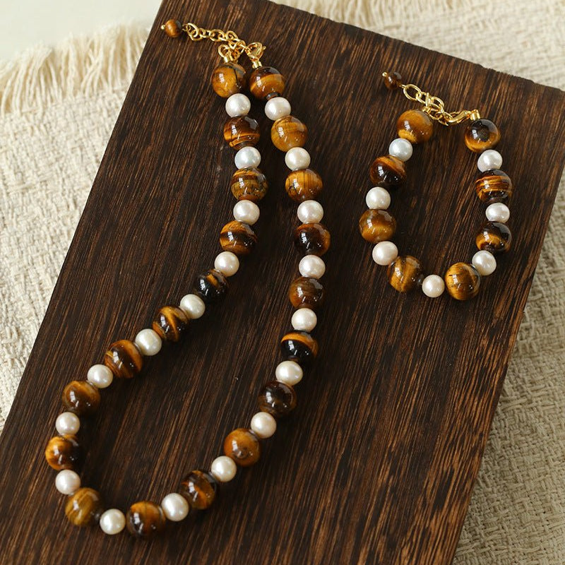 Large Tiger Eye & Freshwater Pearl Necklace - floysun