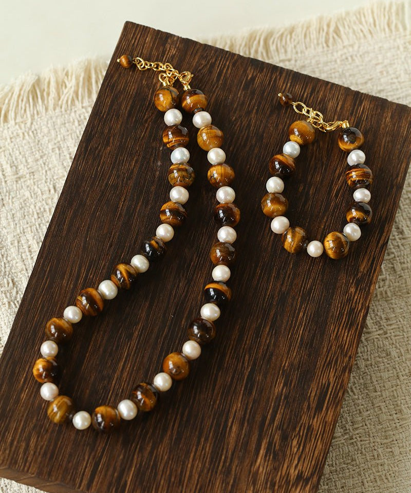 Large Tiger Eye & Freshwater Pearl Necklace - floysun