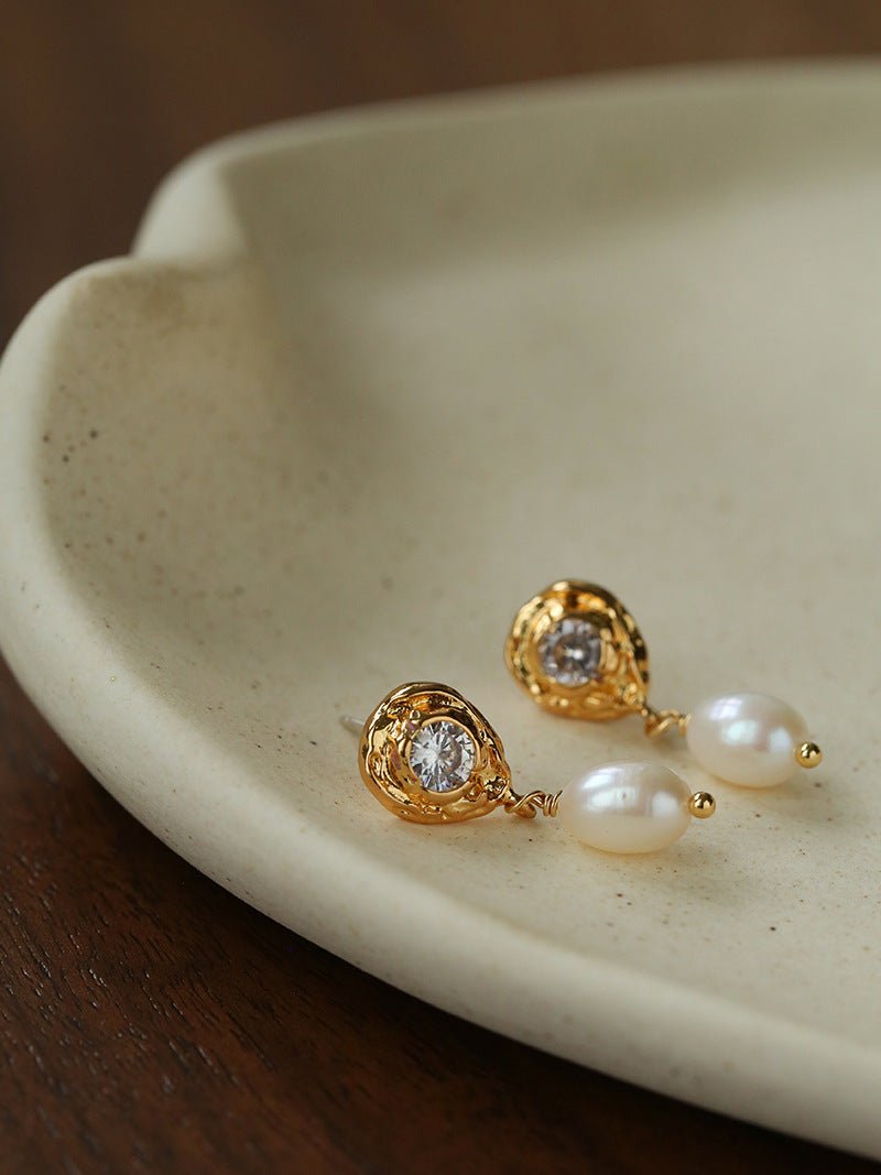 Lava Texture Freshwater Pearl Drop Earrings - floysun