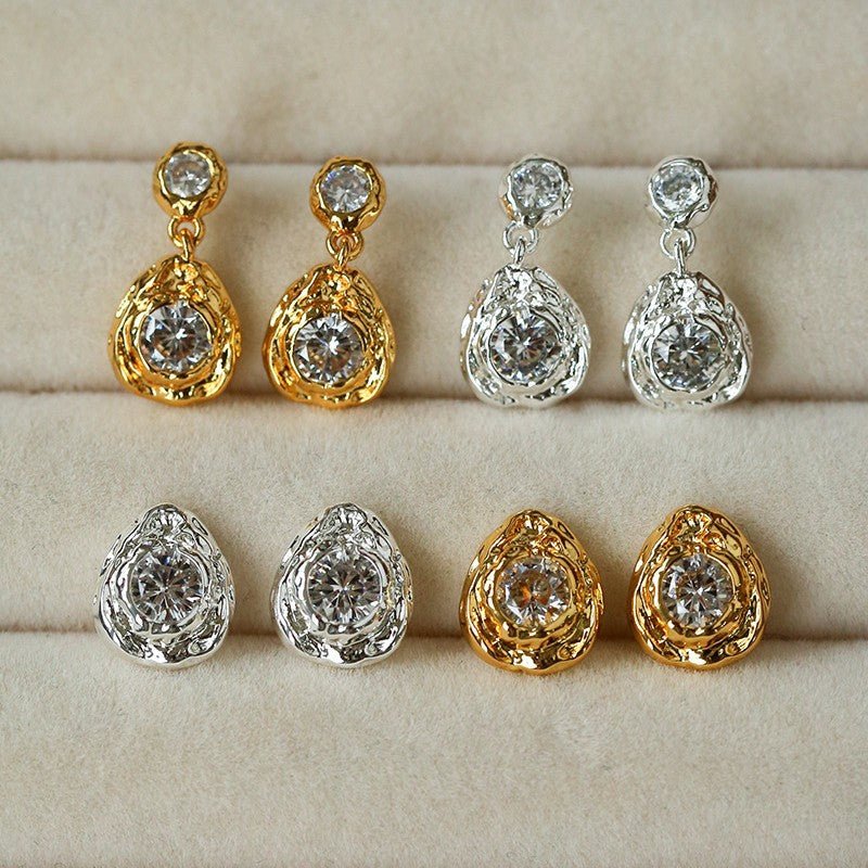Lava Texture Inlaid Zircon Teardrop Stud Earrings - floysun