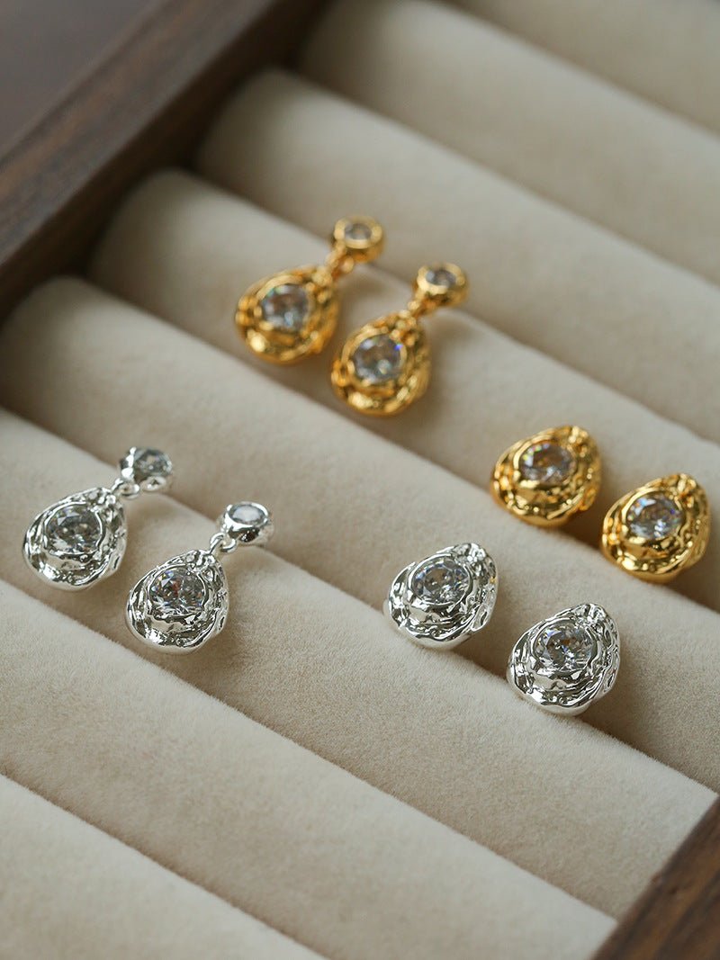 Lava Texture Inlaid Zircon Teardrop Stud Earrings - floysun