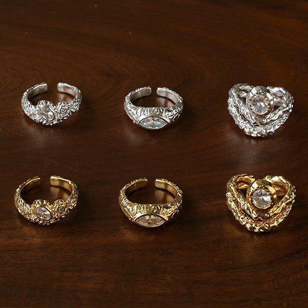 Lava Textured Cubic Zirconia Open Adjustable Statement Rings - floysun
