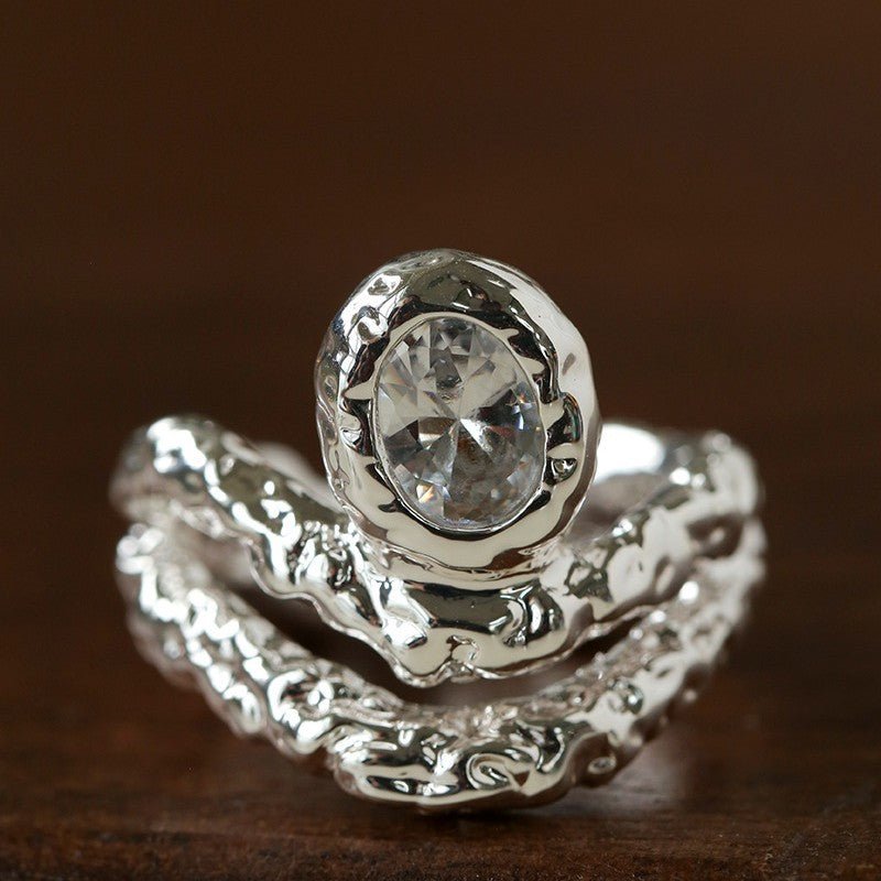 Lava Textured Cubic Zirconia Open Adjustable Statement Rings - floysun