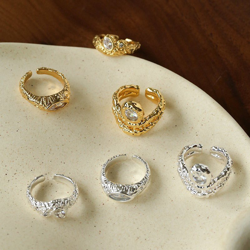 Lava Textured Cubic Zirconia Open Adjustable Statement Rings - floysun