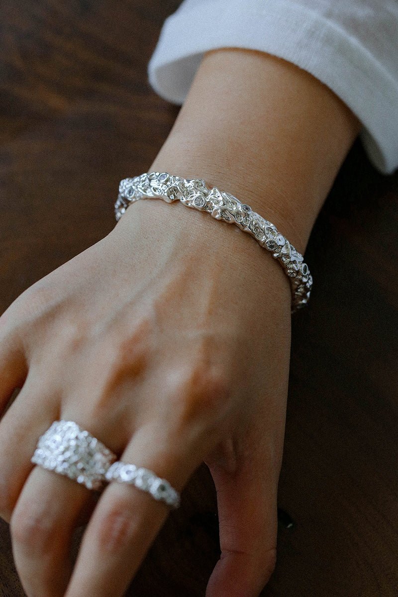 Lava Textured Cubic Zirconia Open Cuff Bracelet - floysun
