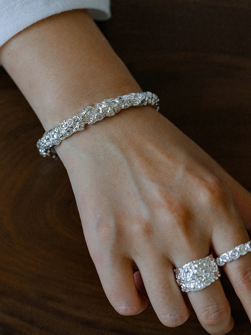 Lava Textured Cubic Zirconia Open Cuff Bracelet - floysun