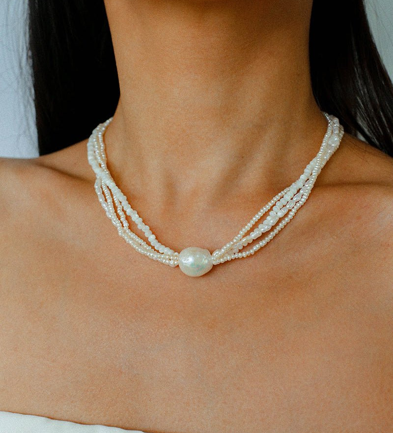 Layered Freshwater Pearl & Mother - of - Pearl Necklace with Baroque Centerpiece - floysun