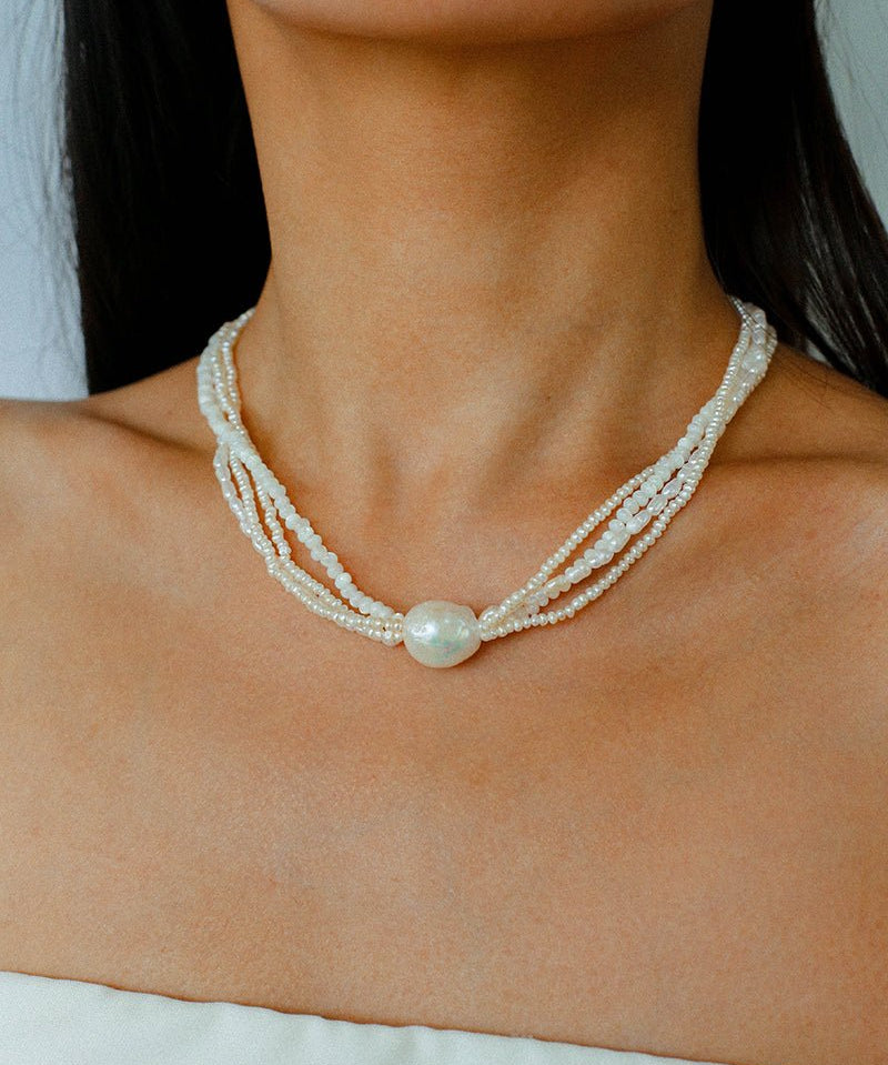 Layered Freshwater Pearl & Mother - of - Pearl Necklace with Baroque Centerpiece - floysun