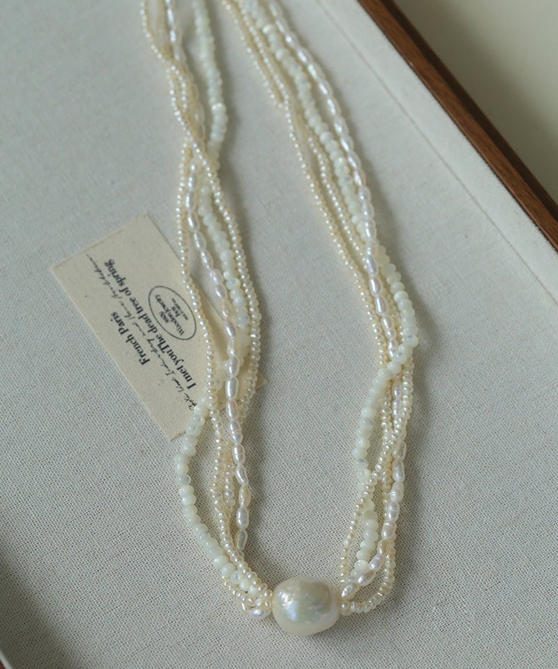 Layered Freshwater Pearl & Mother - of - Pearl Necklace with Baroque Centerpiece - floysun