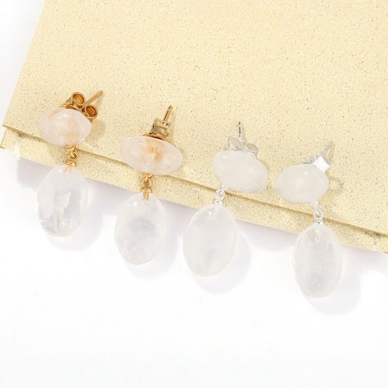 Layered Oval Clear Quartz Drop Earrings - floysun
